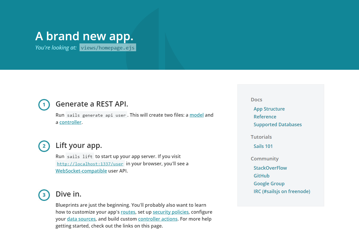 Default welcome screen for a newly minted Sails application